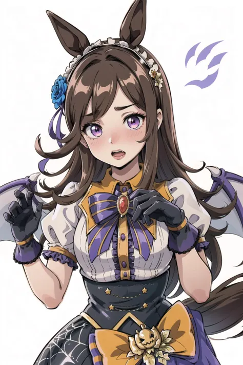 MUvampire-hairstyle, outfit-MUvampire, 1girl, horse ears, solo, long hair, hair over one eye, tail, horse girl, purple eyes, looking at viewer, hair flower, brown hair, frilled hairband, hair ornament, blush, open mouth <lora:OUTFIT-MUvampire:1>