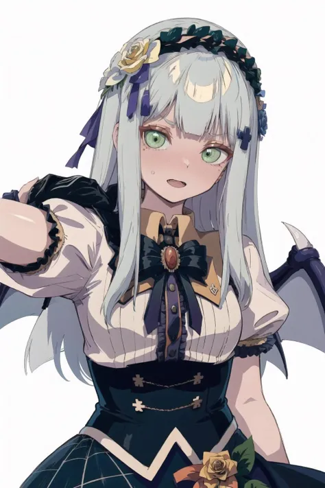 outfit-MUvampire, 1girl,white hair,solo,long hair,green eyes,blush, looking at viewer, close mouth, bangs,white background, skindentation,hand to mouth,
closed_mouth,cowboy_shot,
from,
 looking at viewer,lifted by self,lift skirt, sweat,hair flower, frilled hairband, blush, open mouth,  <lora:OUTFIT-MUvampire-000010:0.95>  <lora:char-hk416:1> <lora:onelastlastcogecha:0.9>