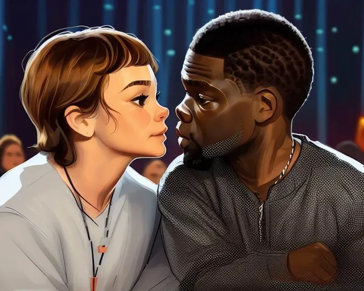 young super cute (Carey Mulligan about to kiss male actor Kevin Hart ), [Budapest Hungary:0.7], drawn perfectly in the style of sda <lora:SDA-style_V15_Reged:0.9>