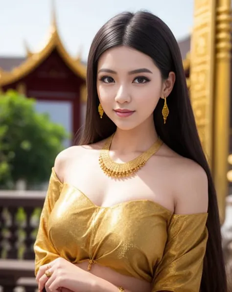 1girl, (ulzzang-6500:0.7), kpop idol, yae miko, detached sleeves, bare shoulders, gold hair, long hair, thai clothes, best quality, (painting:1.5), (hair ornament:1.35), jewelry, earrings, large breasts,  lantern light, depth of field, detailed face, face focus, ribbon_trim, (looking at viewer:1.25), nontraditional miko, shiny skin, long sleeves, smile, thick lips, hands on lips, east asian architecture, (blurry background:1.2), upper body, nipples, (thai temple background:1), (gold necklace:1.2), <lora:thailandTradition_thailandDress:0.5>, (long black hair:1)