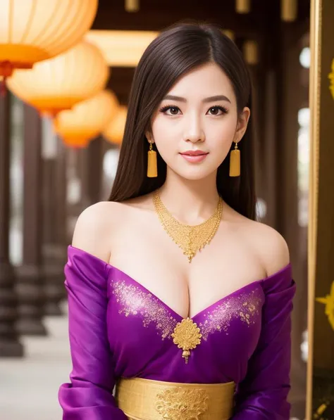 1girl, (ulzzang-6500:0.7), kpop idol, yae miko, detached sleeves, bare shoulders, gold hair, long hair, thai clothes, best quality, (painting:1.5), (hair ornament:1.35), jewelry, purple eyes, earrings, breasts, torii,  cherry blossoms,  lantern light, depth of field, detailed face, face focus, ribbon_trim, (looking at viewer:1.25), nontraditional miko, shiny skin, long sleeves, smile, thick lips, game cg, hands on lips, east asian architecture, (blurry background:1.2), sitting, upper body, big nipples, (thai temple background:1), (gold necklace:1.2), <lora:thailandTradition_thailandDress:0.5>