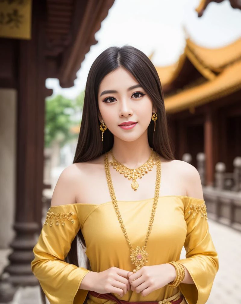 1girl, (ulzzang-6500:0.7), kpop idol, yae miko, detached sleeves, bare shoulders, gold hair, long hair, thai clothes, best quality, (painting:1.5), (hair ornament:1.35), jewelry, earrings, breasts, lantern light, depth of field, detailed face, face focus, ribbon_trim, (looking at viewer:1.25), nontraditional miko, shiny skin, long sleeves, smile, thick lips, hands on lips, east asian architecture, (blurry background:1.2), upper body, nipples, (thai temple background:1), (gold necklace:1.2), <lora:thailandTradition_thailandDress:0.5>, (long black hair:1)