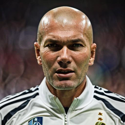 1boy, man,( zizou:1.2), looking at the viewer, portrait, focus on face,( bald:0.7), sportswear,( stubble:1.2), soccer uniform, close up, <lora:Zinedine_Zidane:1>