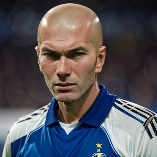 1boy, man,( zizou:1.2), looking at the viewer, portrait, focus on face,( bald:0.7), sportswear,( stubble:1.2),( blue soccer uniform:1.5), close up, <lora:Zinedine_Zidane:1>