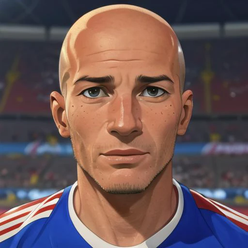 1boy, man,( zizou:1.2), looking at the viewer, portrait, focus on face,( bald:0.7), sportswear,( stubble:1.2), soccer uniform, close up, <lora:Zinedine_Zidane:1>