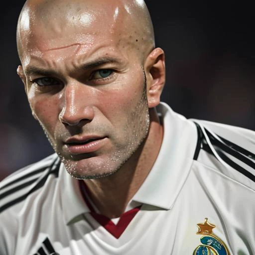 1boy, man,( zizou:1.2), looking at the viewer, portrait, focus on face,( bald:0.7), sportswear,( stubble:1.2), soccer uniform, close up, <lora:Zinedine_Zidane:1>