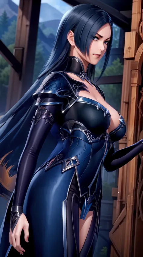 masterpiece,best quality,1girl, black hair,long hair,armor,breasts, <lora:liuerlong:0.8>,cowboy shot, dynamic pose, dynamic angle,