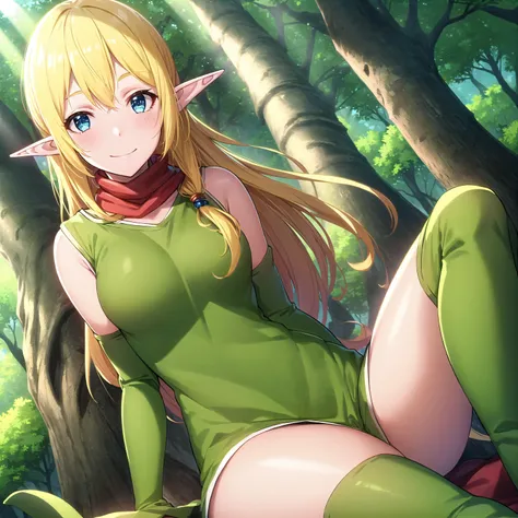 best quality, (masterpiece:1.2), highly detailed, nature, forest, tree, sunlight,
1girl, solo, <lora:chara_GATEJietai_TukaLunaMarceau_v1:0.8>, Tuka Luna Marceau,
looking at viewer, smile, closed mouth, from angle, sitting,
blue eyes, blonde hair, long hair, floating hair, pointy ears, thigh boots, detached sleeves, green dress, red scarf, green boots