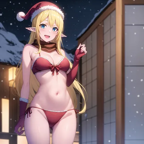 best quality, (masterpiece:1.2), highly detailed, winter, mountains, night, snowing,
1girl, solo, <lora:chara_GATEJietai_TukaLunaMarceau_v1:0.8>, Tuka Luna Marceau,
looking at viewer, smile, open mouth, standing,
blue eyes, blonde hair, long hair, pointy ears, santa hat, santa bikini