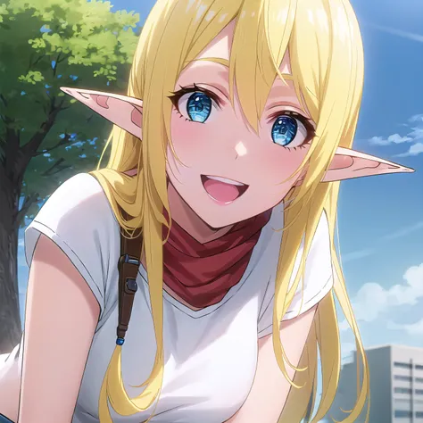 best quality, (masterpiece:1.2), highly detailed, outdoors, tree,
1girl, solo, <lora:chara_GATEJietai_TukaLunaMarceau_v1:0.8>, Tuka Luna Marceau,
looking at viewer, smile, open mouth, from angle, standing, leaning forward,
blue eyes, blonde hair, long hair, pointy ears, denim, jeans, scarf, midriff, white shirt