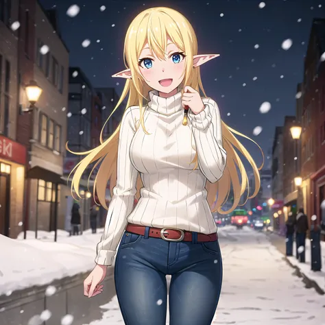 best quality, (masterpiece:1.2), highly detailed, snow, city, christmas tree, snowing,
1girl, solo, <lora:chara_GATEJietai_TukaLunaMarceau_v1:0.8>, Tuka Luna Marceau,
looking at viewer, smile, from angle, open mouth,
blue eyes, blonde hair, long hair, pointy ears, jeans, sweater, turtleneck, ribbed sweater, beige sweater