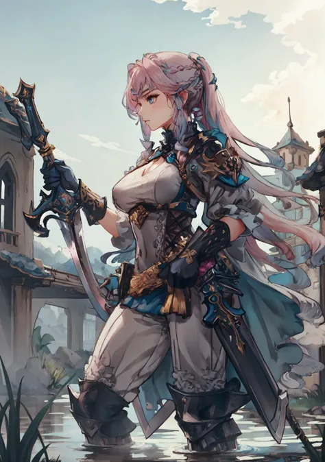 in the style of <lora:FF14CharArt:1.0>, masterpiece, best quality, 1woman, (((weapon master))), intricate Heather Gray outfit, intricate background, very long hair, Bubblegum Pink hair, waterfall braid, Sky Blue eyes, swamp, sfw