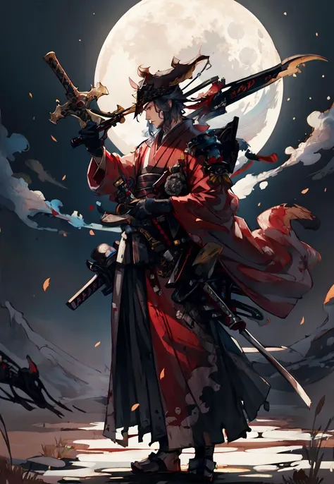 <lora:FF14CharArt:1.0>, masterpiece, best quality, samurai in red kimono, cloth flowing in the air, moon, boreal steppe, sfw