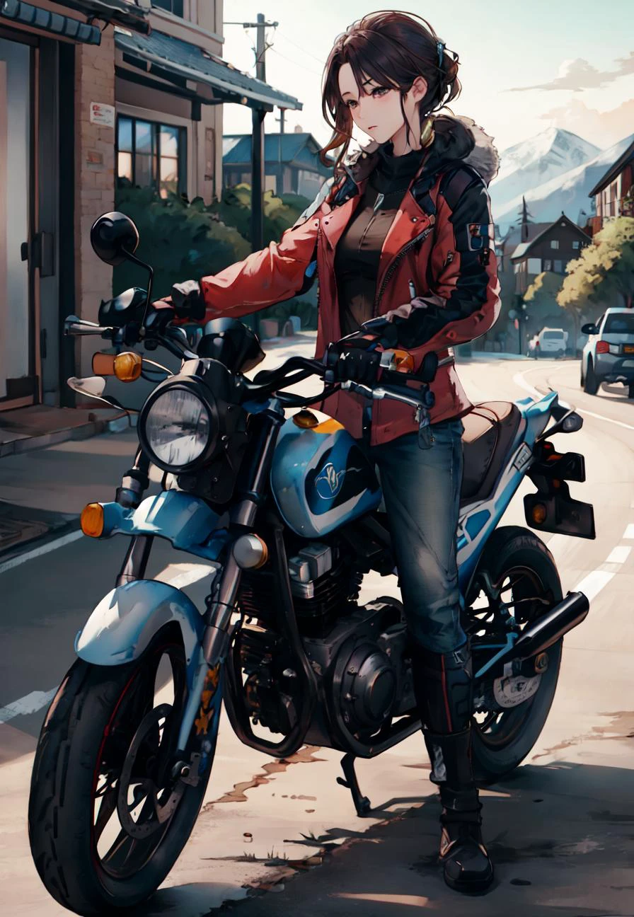 <lora:FF14CharArt:1.0>, masterpiece, best quality, 1woman, mechanic holding a wrench, motorcycle, asphalt, polar alpine tundra, sfw