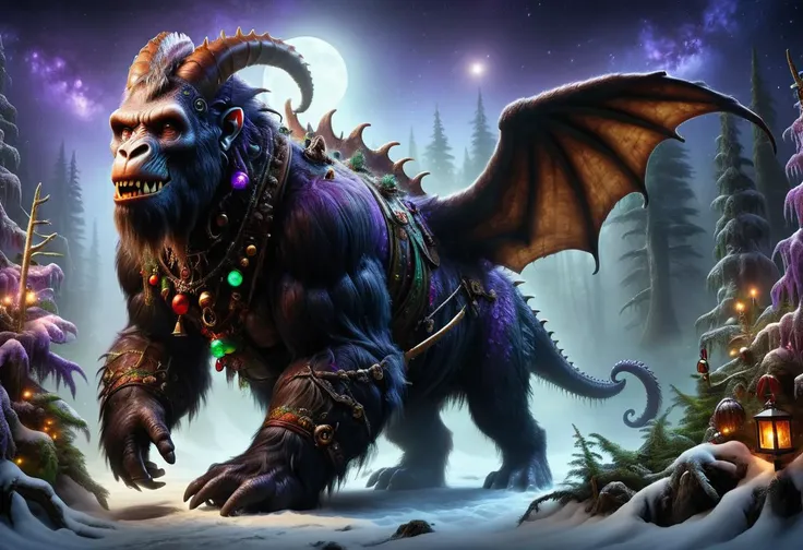 hyper detailed masterpiece, dynamic, awesome quality,nessie, large humanoid cryptid ape like creature, covered in brown dark fur, long arms, wilderness areas, forests, elusive mysterious forest-dwelling creature pulling astral galleon,
reflective glass, halogen fog lights,
leather, eccentric,
lavender mist, <lora:ral-santasleigh:1>,ral-santasleigh