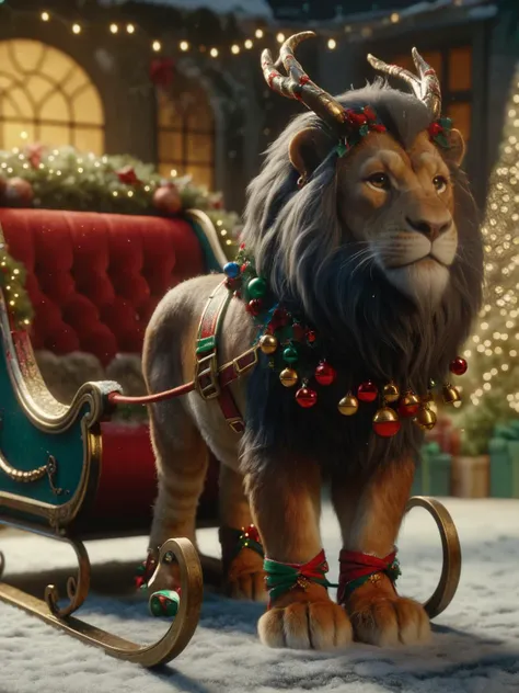 ral-santasleigh, a photorealistic Aslan lion is pulling Santas sleigh, the lion is adorned with a festive colorful harness and reindeer antlers, in the sleigh a life size realistic santa is sat,<lora:ral-santasleigh-sdxl:1>, cinematic, best quality, uhd, 8k
