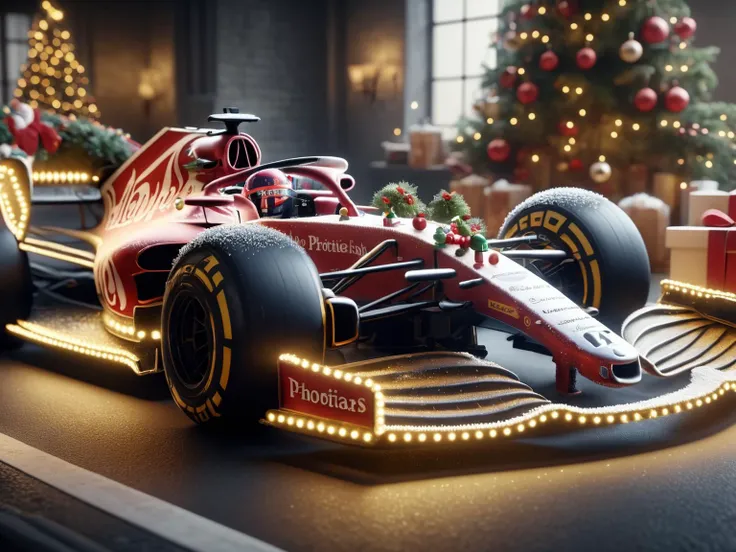 ral-santasleigh, a photorealistic F1 racing car pulling Santas sleigh, the F1 car is decorated for Christmas and is adorned with festive lighting and decorations with reigns attached to the sleigh behind <lora:ral-santasleigh-sdxl:1>, cinematic, best quality, uhd, 8k
