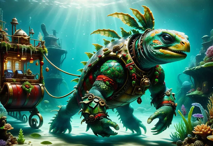 hyper detailed masterpiece, dynamic, awesome quality,kappa, water dwelling creature, humanoid appearance with a turtle like shell, webbed hands and feet, mouth located on head, dishl-ike depression on its head holding water, greenish scaly skin, strength, mischievous, undisturbed,nautical,oasis,antiquated,textured,cybernetic,dim lighting,factory,augmented reality pulling astro galleon,
light bars, splash guards,
airbrushed design, ice, asymmetrical,
<lora:ral-santasleigh:1>,ral-santasleigh