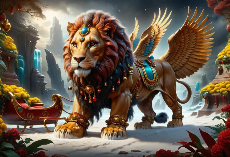 hyper detailed masterpiece, dynamic, awesome quality,sphinx, mythical majestic creature, lion body, female human head, regal imposing posture, enigmatic wise expression, guardian of mysteries and knowledge symbol of wisdom and enigma, grotto,wistful,jolly,stormy pulling ion cruiser,
bloodwood, elaborate,
goldenrod, <lora:ral-santasleigh:1>,ral-santasleigh