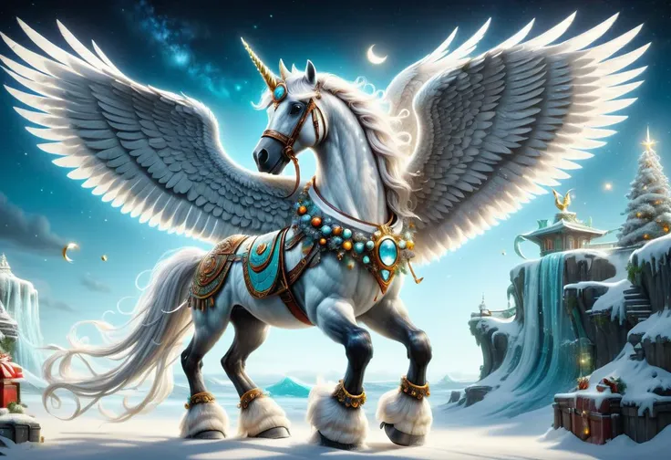 hyper detailed masterpiece, dynamic, awesome quality,pegasus, mythical majestic winged horse, feathered wings, majestic noble appearance, graceful strong posture, white hues, flowing mane and tail, inspiration, poetic creativity pulling gup (octonauts), bumper guards,
strobe lights,
brake caliper covers, cloth, vintage,
weathered patina, diamond quilting, <lora:ral-santasleigh:1>,ral-santasleigh