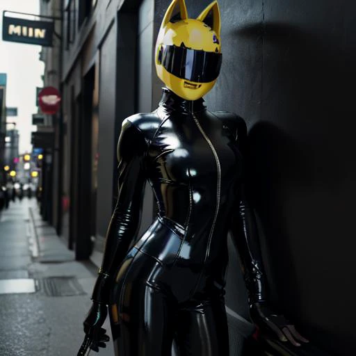 highly insanely detailed, masterpiece, top quality, best quality, highres, 4k, 8k, RAW photo, (very aesthetic, beautiful and aesthetic), celty, 1girl, female, standing, helmet, bodysuit, black bodysuit, motorcycle helmet, biker clothes, animal ears, bikesuit, leather, Celty Sturluson
<lora:celty sturluson:1>