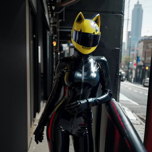highly insanely detailed, masterpiece, top quality, best quality, highres, 4k, 8k, RAW photo, (very aesthetic, beautiful and aesthetic), celty, 1girl, female, standing, helmet, bodysuit, black bodysuit, motorcycle helmet, biker clothes, animal ears, bikesuit, leather, Celty Sturluson
<lora:celty sturluson:1>