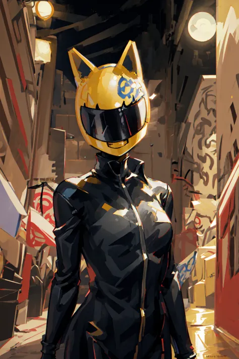 celty, 1girl, female, helmet, bodysuit, black bodysuit, motorcycle helmet, biker clothes, animal ears, bikesuit, leather, large breasts, night, moonlight, alley, gloves, portrait, upper body,