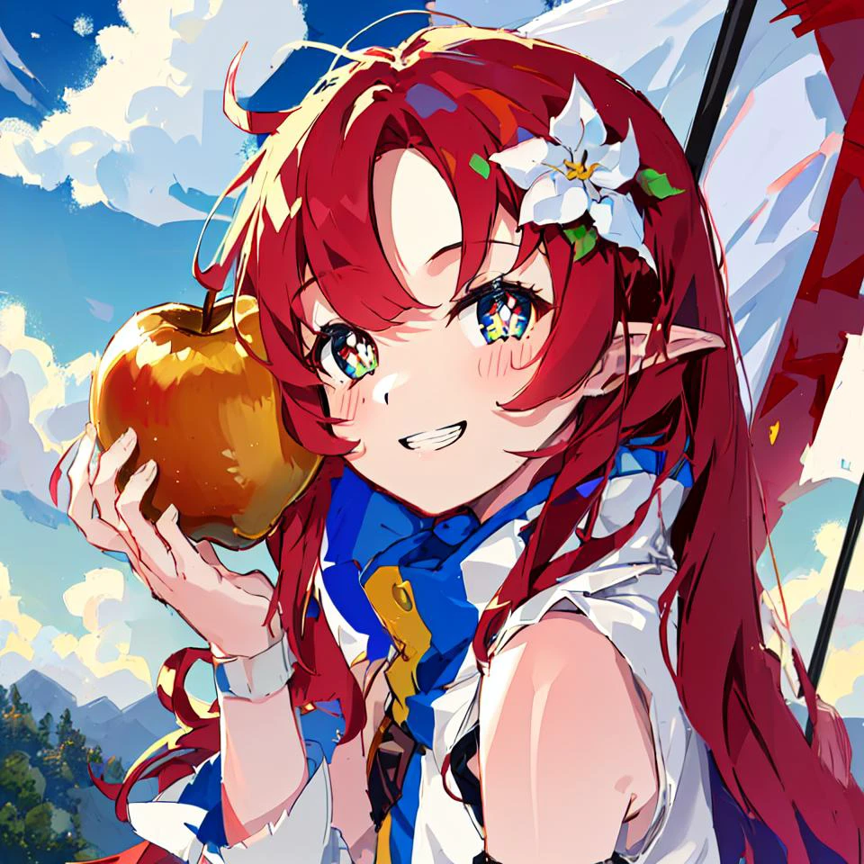 tenninka,1girl, green_eyes,pointy_ears, long_hair,red hair,brown_hair, solo,
sleeveless, short_sleeves, puffy_sleeves, puffy_short_sleeves, white_jacket,
apple,smile,grin,swept bangs, flag,
(ultra-detailed),(highres),(intricate detail),(best quality:1.2),(masterpiece:1.2),(extremely detailed CG unity 8k wallpaper),(tengen toppa gurren lagann (nia teppelin:1.3)),(symbol-shaped pupils:1.2),(+_+:1.2),looking at viewer,blush,(cloud hair:1.2),flower,hair flower,hair ornament,wristban