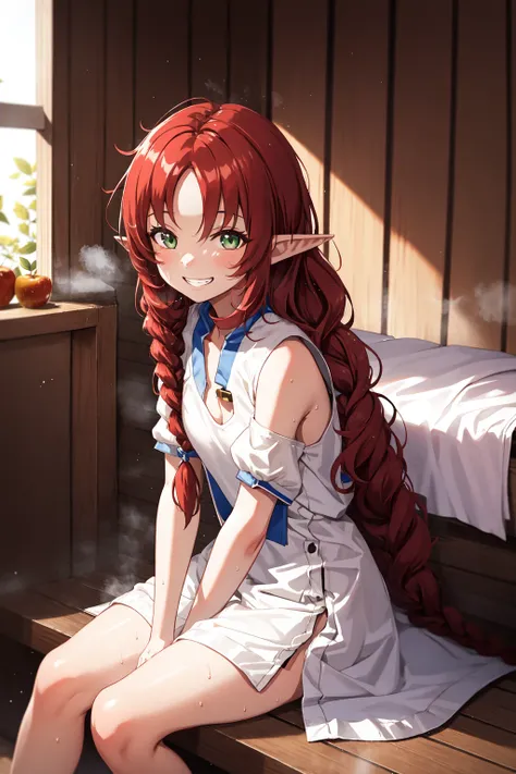 tenninka,1girl, green_eyes,pointy_ears, long_hair,red hair,brown_hair, solo,
sleeveless, short_sleeves, puffy_sleeves, puffy_short_sleeves, white_jacket,
apple,smile,swept bangs,grin,small breasts,
sunlight, light rays, 1girl, nude,, elf, long braid, sitting, (steam), looking at viewer, sauna, medium breasts, relax, light smile, sweat, towel,