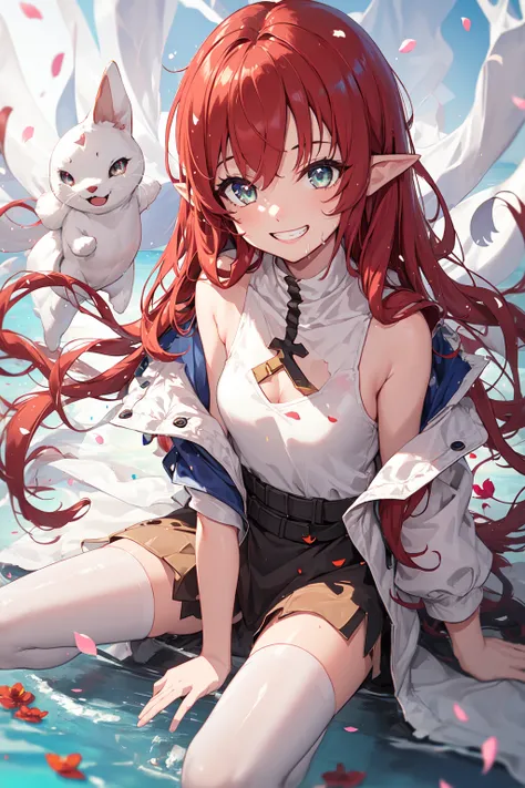 tenninka,1girl, green_eyes,pointy_ears, long_hair,red hair,brown_hair, solo,
sleeveless, short_sleeves, puffy_sleeves, puffy_short_sleeves, white_jacket,
apple,smile,swept bangs,grin,small breasts, 

[(Transparent background:1.5)::5],(((masterpiece))),(((best quality))),(((extremely detailed))),illustration, 1girl,solo,mysterious,vivid color,shiny, underwater transparent sealed hemispherical glass dome, white hair,red eyes, full body,barefoot,long hair tranquil nature, koi,Underwater, Dome,close up,Dynamic actions,Lens perspective,(((Box composition))),sit cross-legged and lean against the bookshel,, (detailed face:1.2),shiny eyes, looking at viewer,(PureErosFace_V1:0.8), cityscape,1girl,solo,bodysuit,(fishnet pantyhose|off-shoulder dress:0.8),wet,,looking at viewer,(eyelashes:1.1), (happy:1.21),(depth of field:1.1), lens flare, (chromatic aberration:1.1), (caustics:1.1), (scattered luminous petals:1.331), (style-gbf:0.75),(highly detailed face:1.1),tiktok,dynamic angle,(wide angle:1.1),(portrait:0.5)