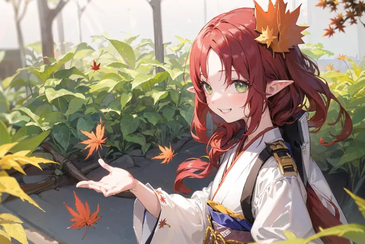 tenninka,1girl, green_eyes,pointy_ears, long_hair,red hair,brown_hair, solo,
sleeveless, short_sleeves, puffy_sleeves, puffy_short_sleeves, white_jacket,
apple,smile,grin,

((masterpiece,best quality)), bangs, blurry background, branch, dappled sunlight, flower, from side, hair flower, hair ornament, japanese clothes, kimono, leaf, (maple leaf:1.9), obi, outdoors, sash, solo, sunlight, upper body