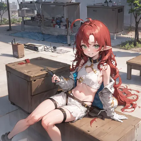 tenninka,1girl, green_eyes,pointy_ears, long_hair,red hair,brown_hair, solo,
sleeveless, short_sleeves, puffy_sleeves, puffy_short_sleeves, white_jacket,
apple,smile,grin,swept bangs,
((masterpiece,best quality,detailed)), perfect anatomy, 8k, 4k, highres, 1girl, solo, elaina, majo no tabitabi, ahoge, long hair, braid, swimsuit, pool, sitting, knees up, adorable, cute