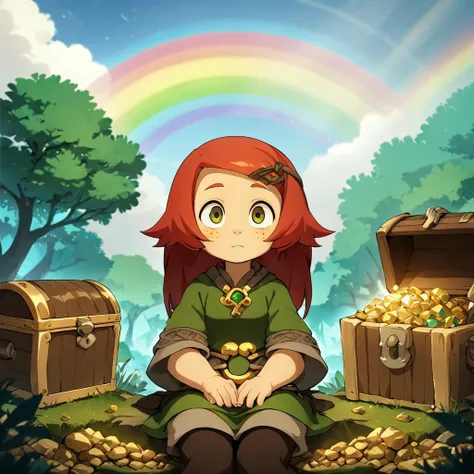 masterpiece,8k,16k,32k,absurd resolution,high resolutionMasterpiece,absurd resolution,8k,BucketGoldUnderTheRainbow,celtic style,1girl,red hair,freckles,celtic clothes,,nice hands,,sitting,looking up,looking at viewer,view from above,detailed hands,cute girl holding on her lap big bucket of gold and gems, under rainbow, rainbow, no humans, gem, tree, crystal, scenery, treasure chest, outdoors, sky, gold, gems,<lora:add_detail:0.6> ,<lora:colorfix:0.6>, <lora:BucketGoldUnderTheRainbowSD:0.6>, <lora:wakfu-000019cs2:0.81>,wakfu