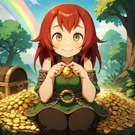 masterpiece,8k,16k,32k,absurd resolution,high resolutionMasterpiece,absurd resolution,8k,BucketGoldUnderTheRainbow,celtic style,1girl,red hair,freckles,celtic clothes,,nice hands,,sitting,looking up,happy,blushing,detailed yellow eyes,looking at viewer,view from above,detailed hands,cute girl holding on her lap big bucket of gold and gems, under rainbow, rainbow, no humans, gem, tree, crystal, scenery, treasure chest, outdoors, sky, gold, gems,<lora:add_detail:0.6> ,<lora:colorfix:0.6>, <lora:BucketGoldUnderTheRainbowSD:0.6>, <lora:wakfu-000019cs2:0.6>,wakfu