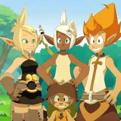 wakfu,long hair,breasts,smile,multiple girls,skirt,blonde hair,hair ornament,thighhighs,gloves,hat,dress,navel,2girls,bare shoulders,green eyes,white hair,green hair,multiple boys,pointy ears,midriff,dark skin,2boys,orange hair,facial hair,beard,hands on hips,
<lora:wakfu-000019cs2:1>
