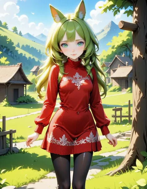 a beautiful girl with rabbit ears  and long green hair in a long red knitted wool dress and black leggins stands in a little village,