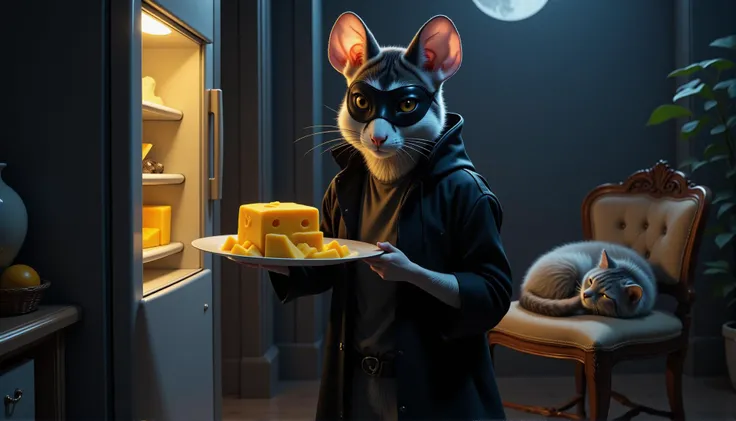 a clever anthropomorphic mouse dressed in dark stealthy clothes is seen in an intricately designed kitchen at night. The mouse, with a small black mask over its eyes, is holding a plate of cheese from a fridge with an open door. The scene is dimly lit by moonlight streaming through the window highlighting the mouse's sly grin, In the background, a sleeping cat unaware of the crime is curled up on a chair.