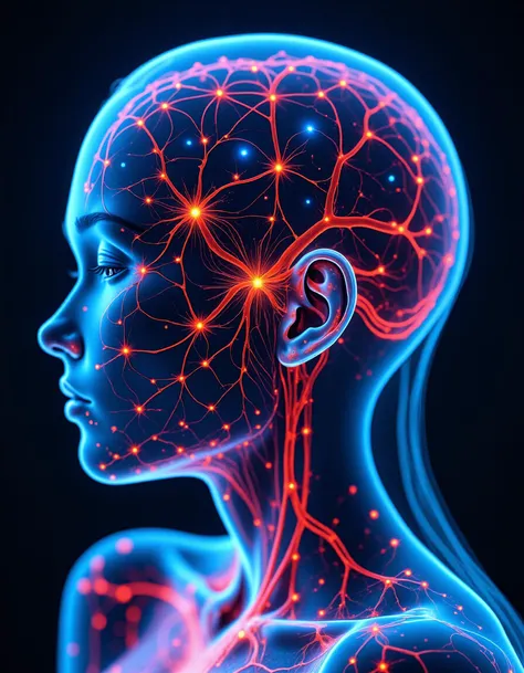 an image of a transparent woman's head, focusing on the intricate network of blood vessels and neurons beneath the surface. Her skin is barely visible, allowing the viewer to see a vast web of red and blue blood vessels, branching out like delicate threads. Interwoven with these are glowing neurons, firing softly with electric energy, stretching from her brain throughout her head. Her facial features are subtly present, but the emphasis is on the vibrant, detailed inner workings of her biology. The overall atmosphere is a blend of organic complexity and scientific precision, with a glowing, almost luminescent effect.