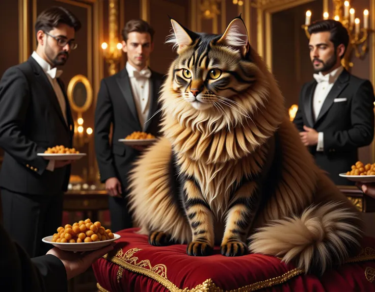 A regal, fluffy cat with a perfectly groomed coat sits perched atop a lavish velvet cushion, staring down at its surroundings with an air of superiority. Its nose is slightly raised. Around it, various servants, dressed in formal attire, attend to its every need, offering dishes of gourmet food and fluffing its cushion. The room is opulent, filled with antique furniture and grand chandeliers, but nothing compares to the self-important grandeur of the pompous feline.