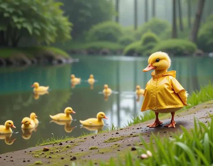 A quirky, anthropomorphic duck standing at the edge of a serene pond, glaring at the water with visible disdain. Unlike other ducks, this one wears tiny boots and a raincoat, refusing to dip its feet into the water. The scene is set on a rainy day, with other ducks swimming and splashing happily in the pond, while this duck sits stubbornly on a patch of dry grass and it seems determined to stay as far from the water as possible