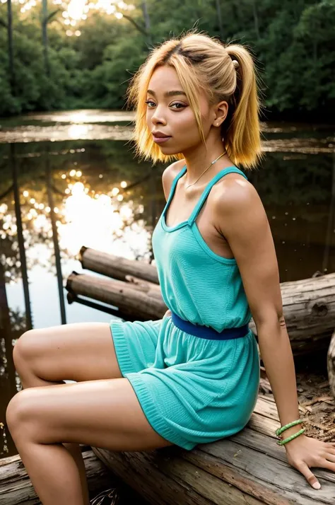 tv_Jojo_Austin_PS , , calm expression, wearing a colorful sundress, sitting on a log at a misty forest pond, golden hour, shot from the side, , 8k resolution, highres, high detail, sharp focus, , 8k uhd,