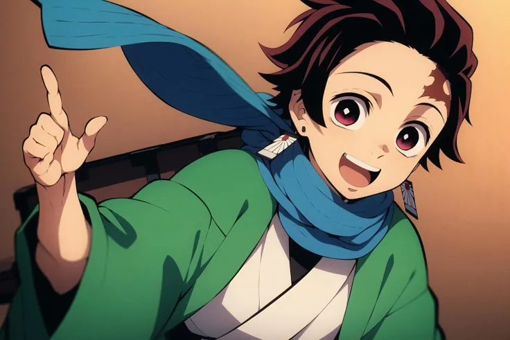 demon slayer, tanjiro, 1boy, solo, orange background, index finger raised, looking at viewer, smile, open mouth, brown hair, 1boy, jewelry, upper body, male focus, earrings, japanese clothes, scarf, gradient, gradient background, scar, parody, scar on face, kamado tanjirou, best quality, masterpiece, <lora:Tanjiro:0.8>