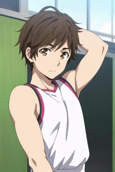 masterpiece, best quality, high quality, 1boy, solo, male focus, looking at viewer, upper body, <lora:souta_mochizuki:0.64>, souta_mochizuki, brown hair, brown eyes, , sportswear
