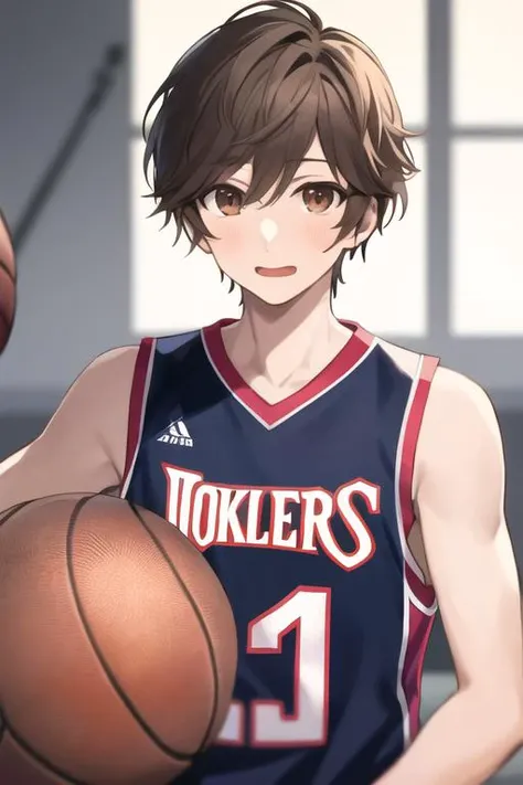 masterpiece, best quality, high quality, 1boy, solo, male focus, looking at viewer, upper body, <lora:souta_mochizuki:0.60>, souta_mochizuki, brown hair, brown eyes, , basketball uniform
