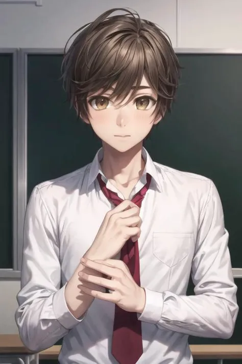 masterpiece, best quality, high quality, 1boy, solo, male focus, looking at viewer, upper body, <lora:souta_mochizuki:0.62>, souta_mochizuki, brown hair, brown eyes, , school uniform
