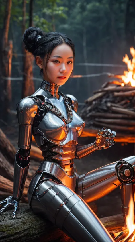 (masterpiece, top quality, best quality, ultra high res, realistic, photograph), 1920s, Thai girl, flat breast, Large Nipples, Small Areolas, Braided updo , Slim body, Robot engineer, at Campfire, Sitting on edge pose, Vivid,