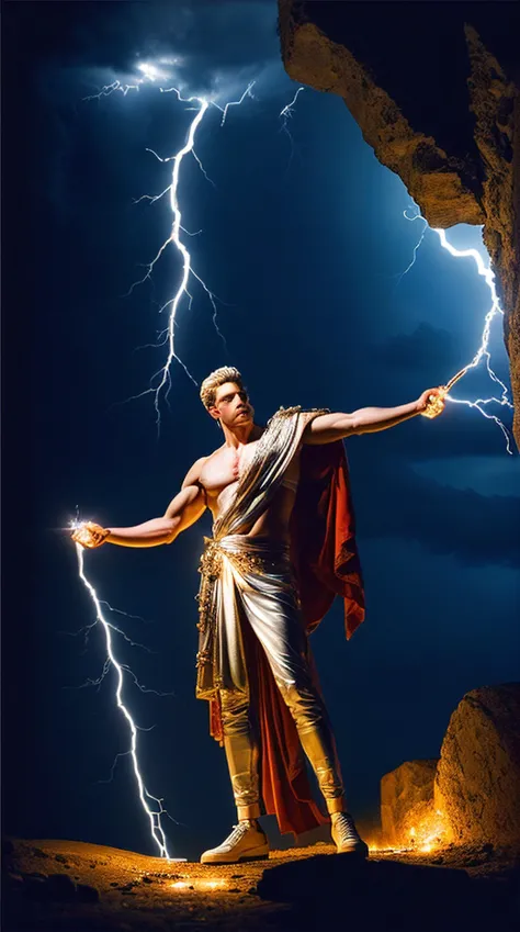 (masterpiece, top quality, best quality, ultra high res, realistic photography, photograph, DSLR Photography), Zeus holding lightning