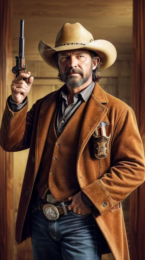 (masterpiece, top quality, best quality, ultra high res, realistic, photograph), Cowboy, western man, cowboy hat, pointing a revolver, gun, revolver