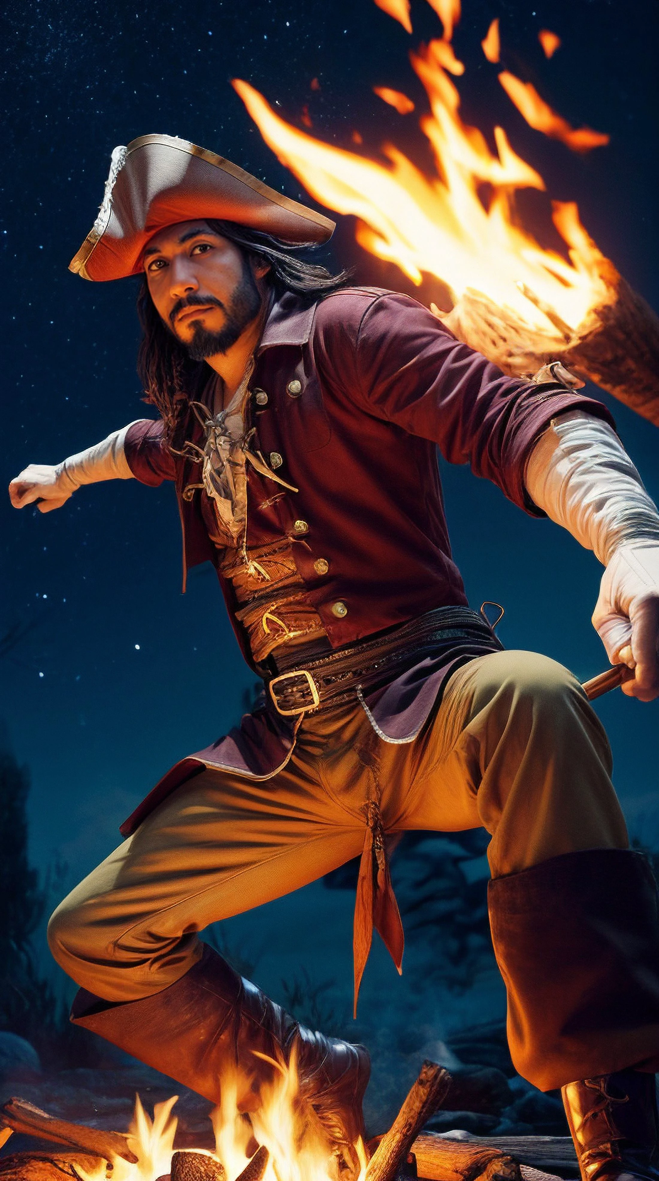 (masterpiece, top quality, best quality, ultra high res, flat 2d anime style), pirate, Hispanic man, Side part, penis, testicles, Long-limbed body, Comedian, at Campfire, Shoulder forward pose, Vivid,