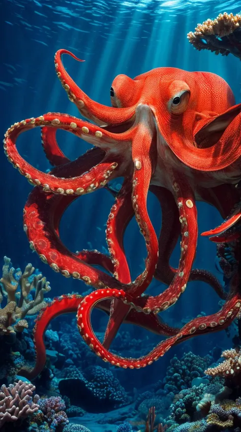 (masterpiece, top quality, best quality, ultra high res, realistic, photograph), (giant octopus), deep ocean, bioluminescent colors, coral, fish